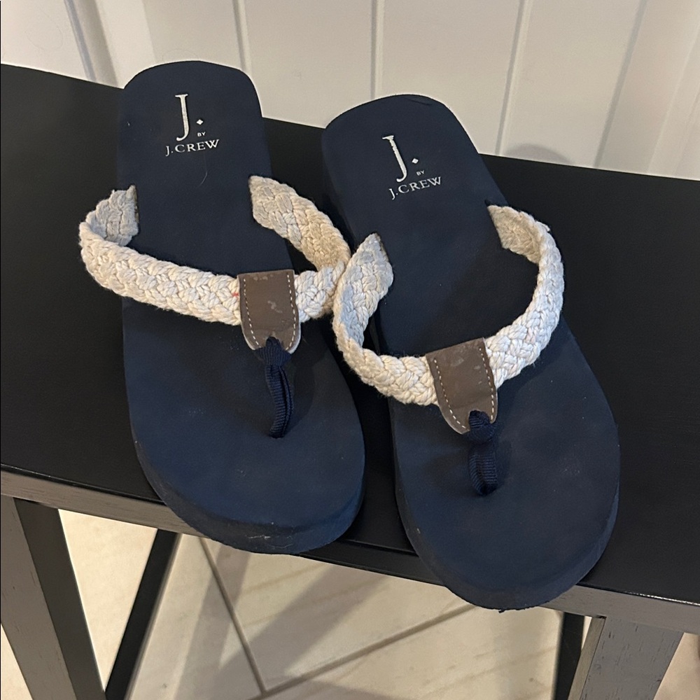 J. Crew Navy and Cream Braided Flip Flops